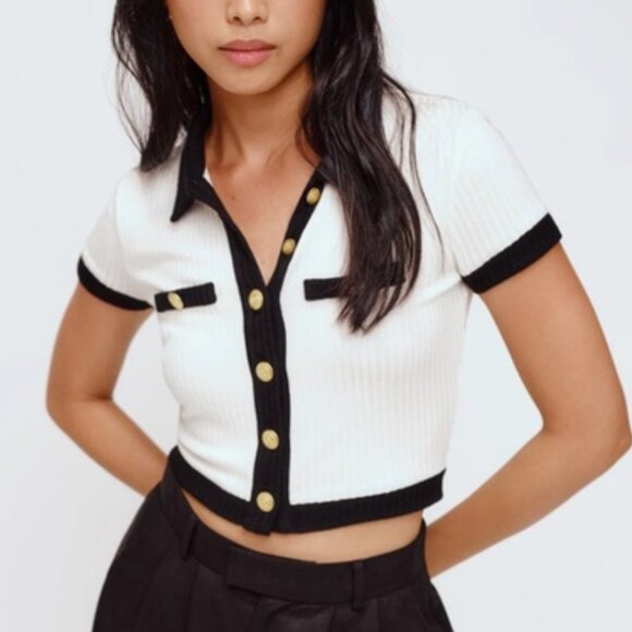 REFORMATION BLACK AND WHITE GOLD BUTTON OLD MONEY T SHIRT CROP TOP - MEDIUM - Picture 2 of 6